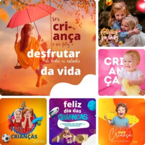 Posts Prontos para Dia das Crianças 02 - Pack Canva com 15 Artes Editáveis para Facebook e Instagram