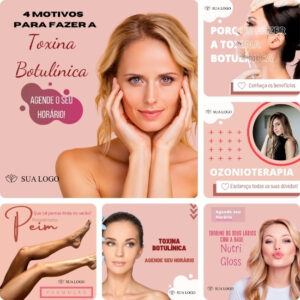 Imagem do Produto Posts Prontos para Clínica de Estética Facial e Corporal Editáveis no Canva com Títulos e Legendas