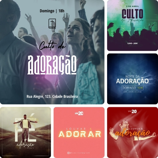 Artes para Culto de Adoração Editáveis no Canva - Pack de Posts Prontos para Facebook e Instagram