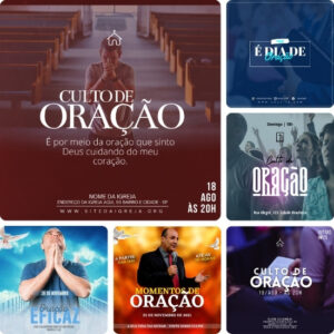 Artes para Culto de Oração Editáveis no Canva - Pack de Posts Prontos para Facebook e Instagram