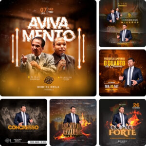 Artes para Igrejas Eventos Gospel Editáveis no Canva 02 - Pack de Posts Prontos para Facebook e Instagram