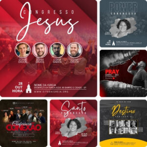 Artes para Igrejas Eventos Gospel Editáveis no Canva - Pack de Posts Prontos para Facebook e Instagram