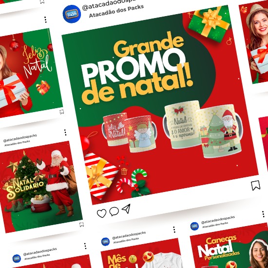 Pack de Artes para Loja de Produtos Personalizados de Natal Editáveis no Canva Posts Prontos para Redes Sociais Social Media Facebook e Instagram com Títulos e Legendas