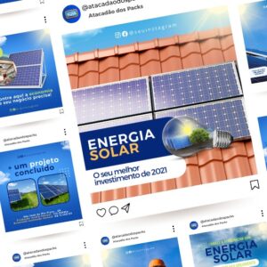 Pack de Artes para Energia Solar Editáveis no Canva Posts Prontos para Redes Sociais Social Media Facebook e Instagram com Títulos e Legendas