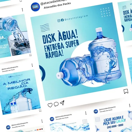 Pack de Artes para Depósito Revendedor de Água Mineral Editáveis no Canva Posts Prontos com Títulos e Legendas
