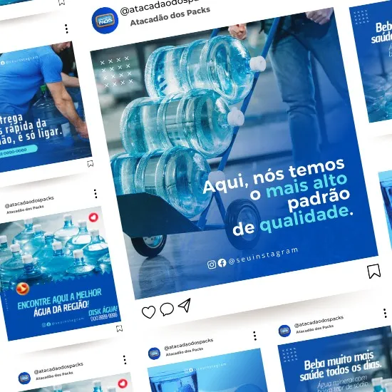 Pack de Artes para Depósito Revendedor de Água Mineral Editáveis no Canva Posts Prontos com Títulos e Legendas