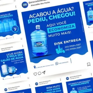 Pack de Artes para Revendedor Depósito de Gás e Água Mineral Editáveis no Canva Posts Prontos com Títulos e Legendas