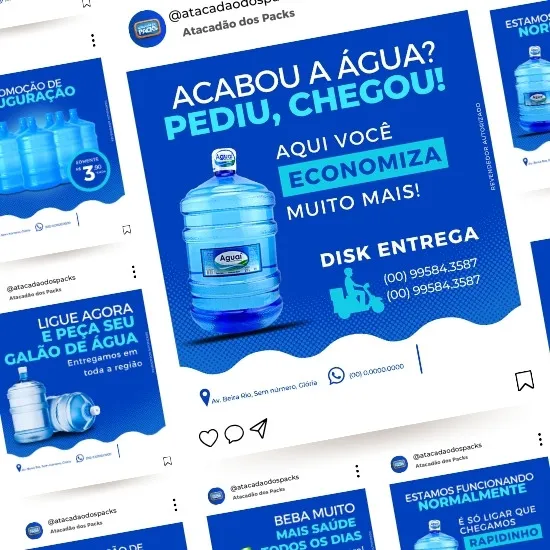 Pack de Artes para Revendedor Depósito de Gás e Água Mineral Editáveis no Canva Posts Prontos com Títulos e Legendas