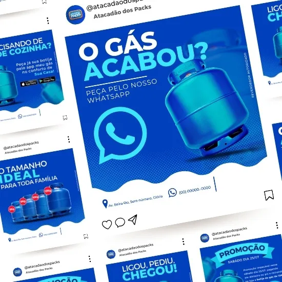 Pack de Artes para Revendedor Depósito de Gás e Água Mineral Editáveis no Canva Posts Prontos com Títulos e Legendas