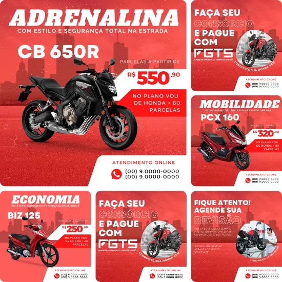 Posts Prontos para Loja de Motos - Pack Canva com 10 Artes Editáveis