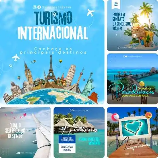 Pack de Posts Prontos para Agência de Turismo & Viagens Editáveis no Canva