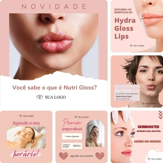 Imagem do Produto Posts Prontos para Clínica de Estética Facial e Corporal Editáveis no Canva com Títulos e Legendas