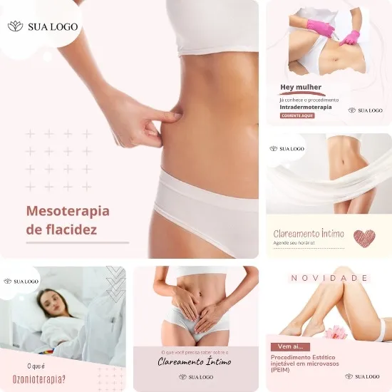 Imagem do Produto Posts Prontos para Clínica de Estética Facial e Corporal Editáveis no Canva com Títulos e Legendas