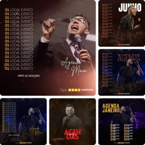 Artes para Agenda de Eventos Gospel Editáveis no Canva - Pack de Posts Prontos para Facebook e Instagram