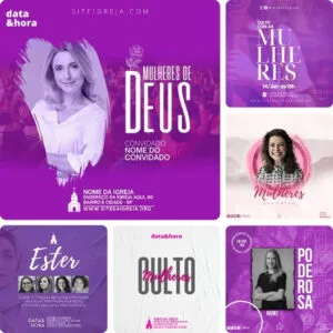 Artes para Culto das Mulheres Editáveis no Canva - Pack de Posts Prontos para Facebook e Instagram