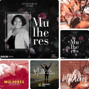 Artes para Culto das Mulheres Editáveis no Canva - Pack de Posts Prontos para Facebook e Instagram