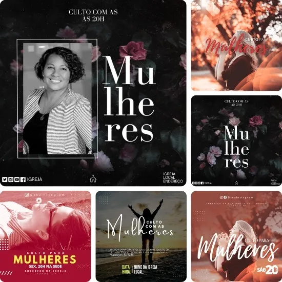 Artes para Culto das Mulheres Editáveis no Canva - Pack de Posts Prontos para Facebook e Instagram