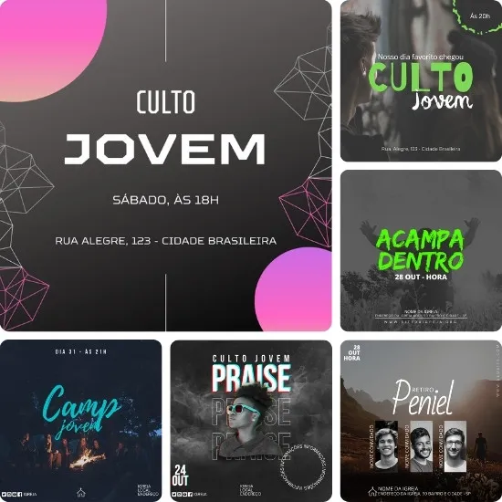 Artes para Culto de Jovens Editáveis no Canva - Pack de Posts Prontos para Facebook e Instagram