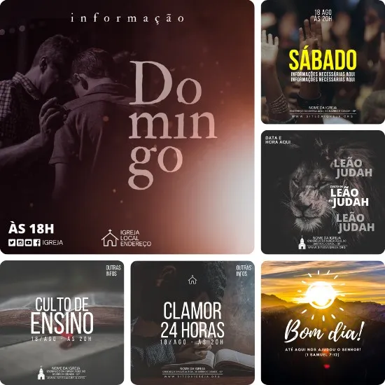 Artes para Igrejas Gospel Editáveis no Canva - Pack de Posts Prontos para Facebook e Instagram