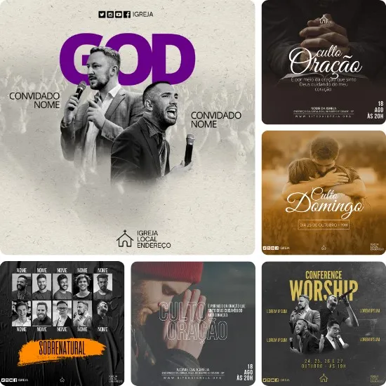 Artes para Igrejas Gospel Editáveis no Canva - Pack de Posts Prontos para Facebook e Instagram