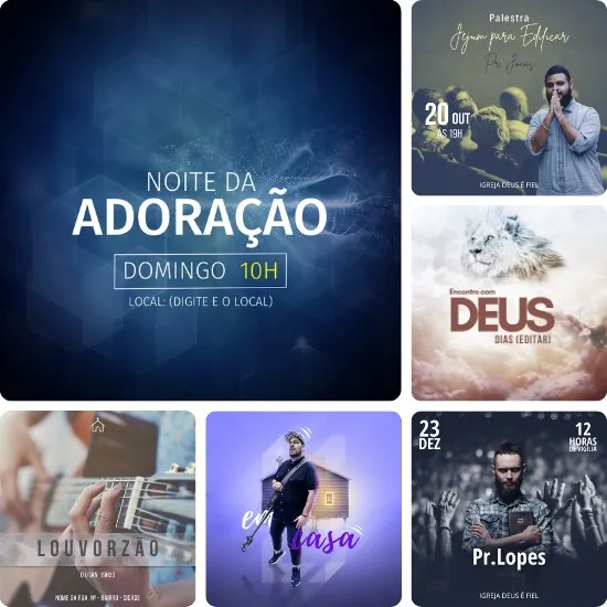 Artes para Igrejas Gospel Editáveis no Canva - Pack de Posts Prontos para Facebook e Instagram