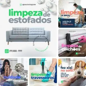 Posts Prontos para Loja de Estofados - Pack Canva com 11 Artes Editáveis para Facebook e Instagram