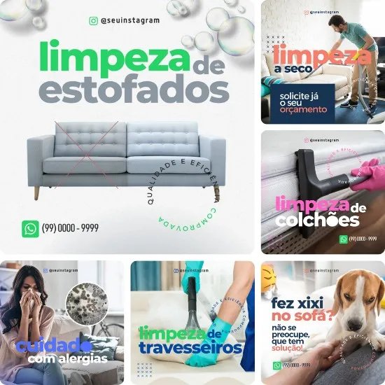 Posts Prontos para Loja de Estofados - Pack Canva com 11 Artes Editáveis para Facebook e Instagram