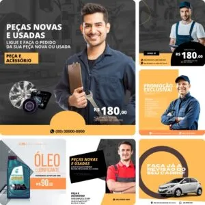 Posts Prontos para Oficina Mecânica 03 - Pack Canva com 12 Artes