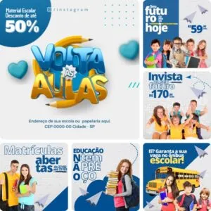 Artes Volta as Aulas Editáveis no Canva Pack com Posts Prontos para Feed e Stories do Facebook e Instagram