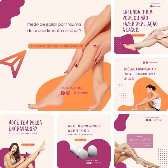 Imagem do Produto Posts para Clínica de Depilação a Laser Editáveis no Canva com Títulos e Legendas