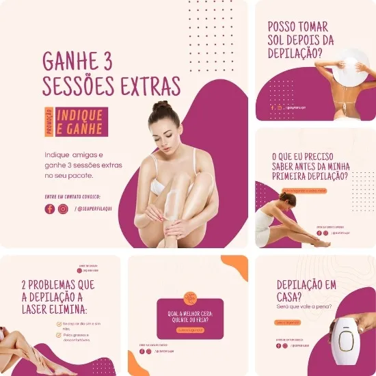 Imagem do Produto Posts para Clínica de Depilação a Laser Editáveis no Canva com Títulos e Legendas